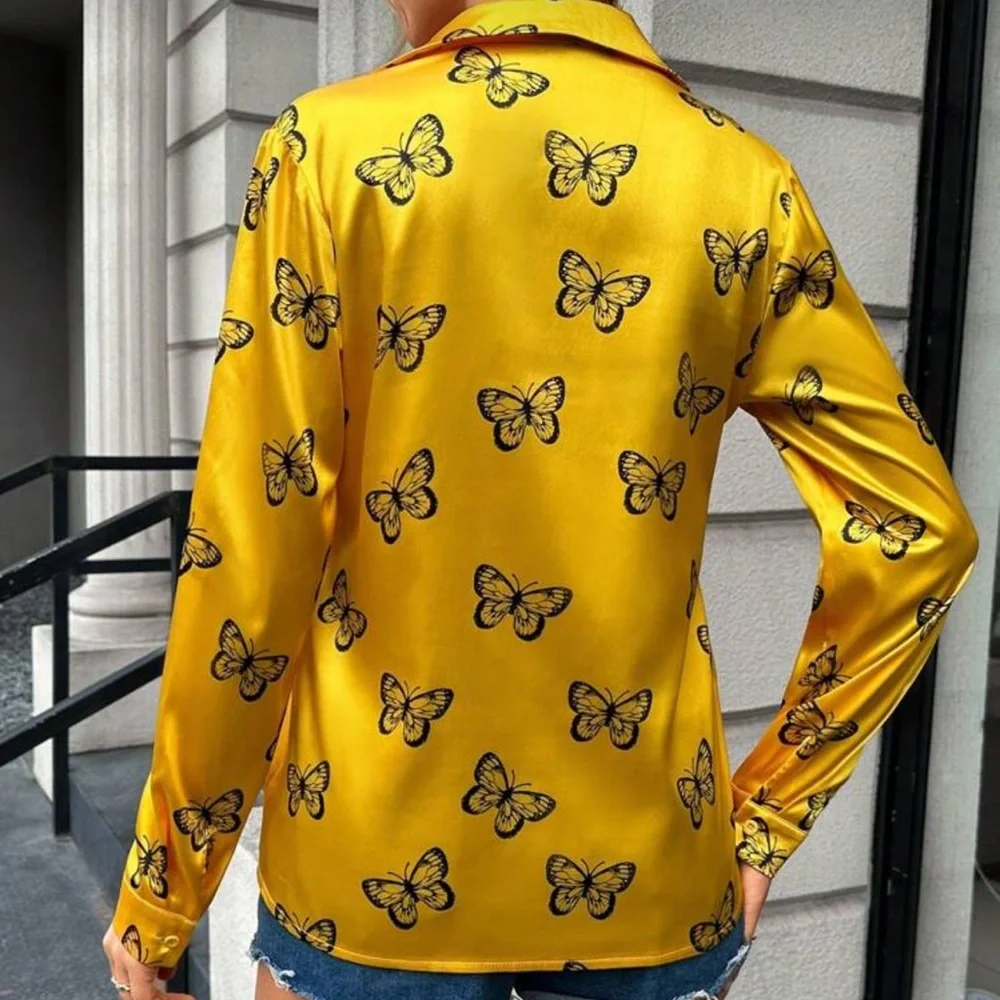 SHEIN Yellow Butterfly Print Blouse - Picture 2 of 3